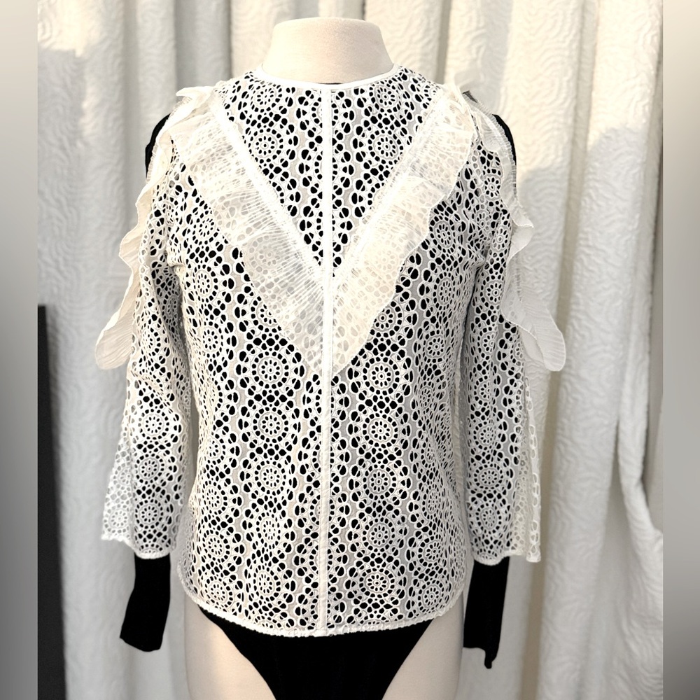 Sandro Paris Womens True Ruffle-Trimmed Lace Top Blouse White Sz 2